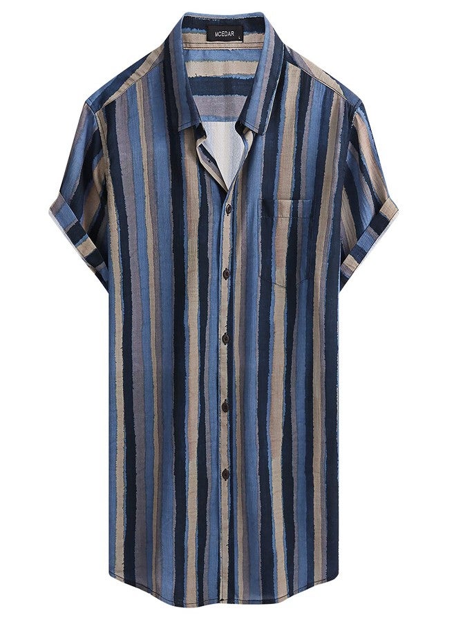 MCEDAR Mens Casual Short Sleeve Button Up Vintage Summer Hawaiian Beach Vacation Shirts (Size S-5XL Big and Tall)(Blue Brown 21009,M) - Image 1